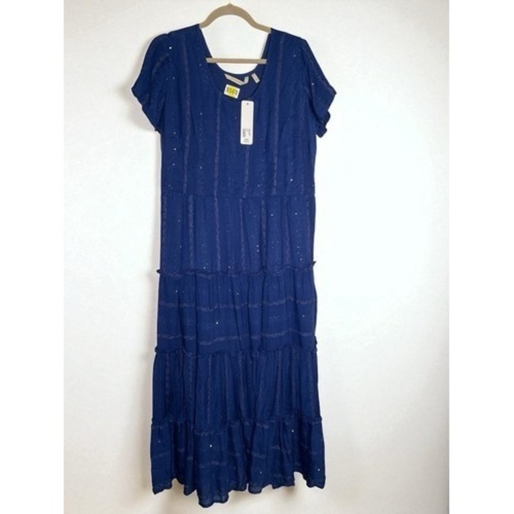 NWT Soft‎ Surroundings Kara Shimmer Blue Woven Tiered Maxi Dress Women L India